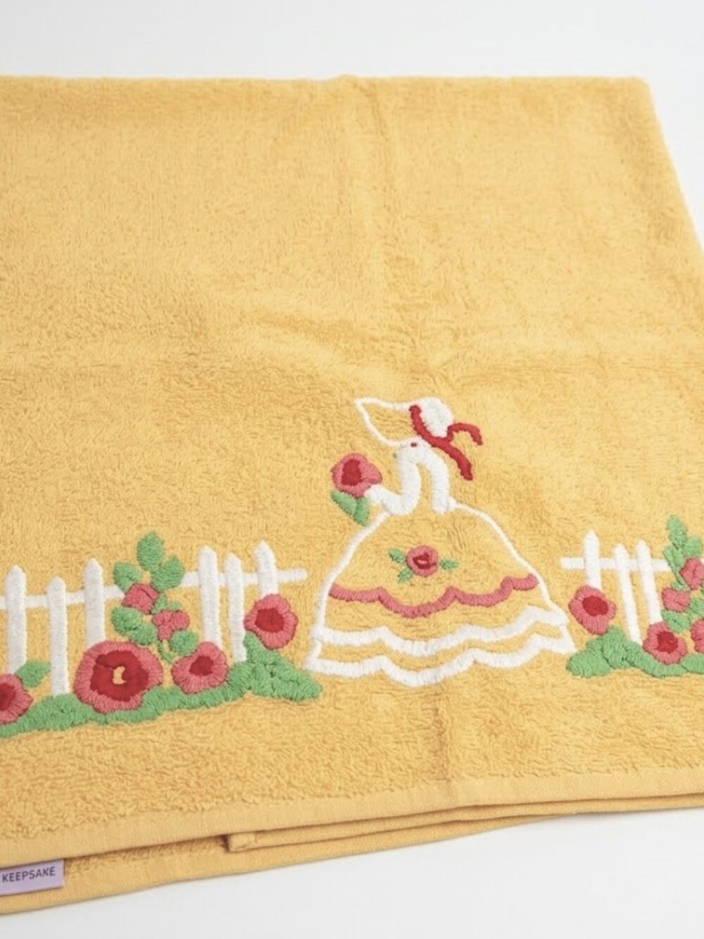 Vintage Martex Yellow Bath Towel Southern Belle Crinoline Lady Punch Needle